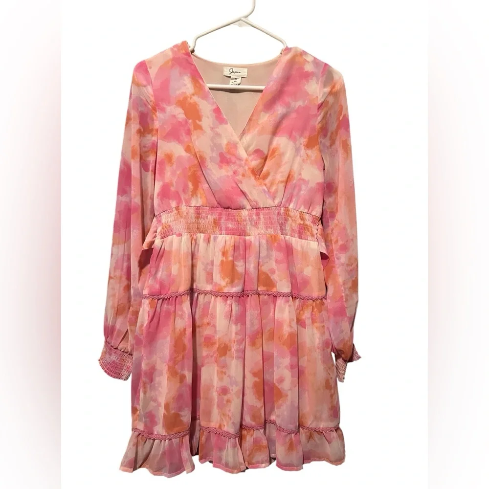Japna Pink Watercolor Long Sleeve Ruffle Mini Dress | SZ S - Picture 1 of 2